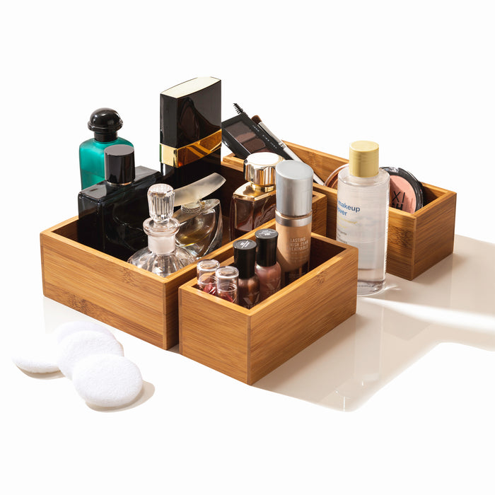 Bamboo Organizers propped with beauty supplies
