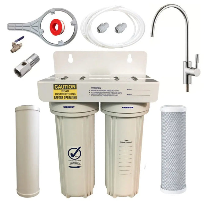 US2 dual undersink water filter with ceramic filters and modern faucet installation kit full