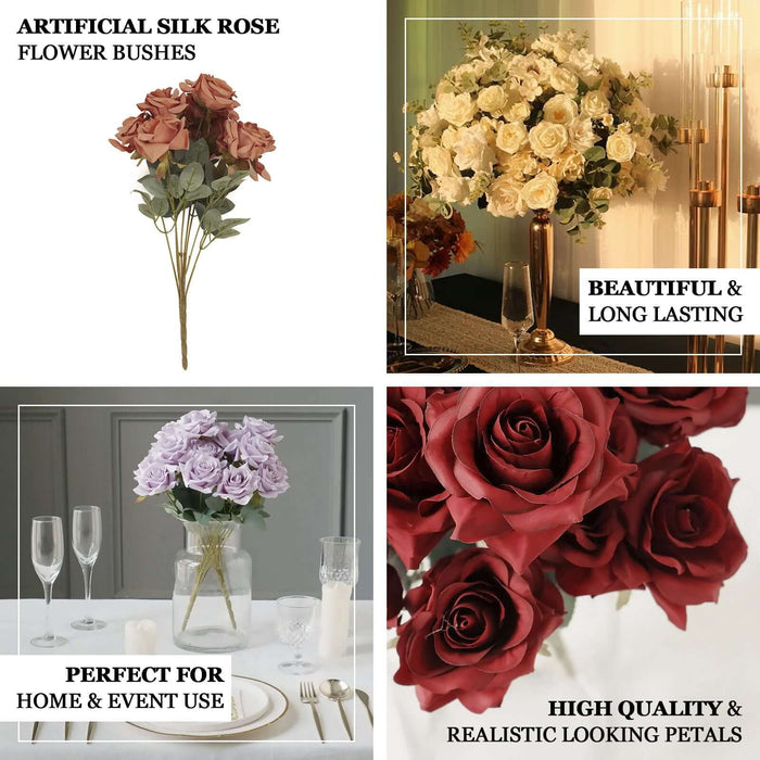 Artificial silk rose flower bushes in various arrangements for home and event use.