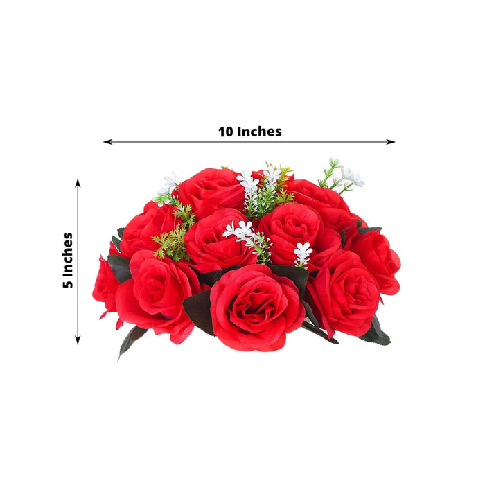 Red artificial rose bouquet with white accents, 10x5 inches.
