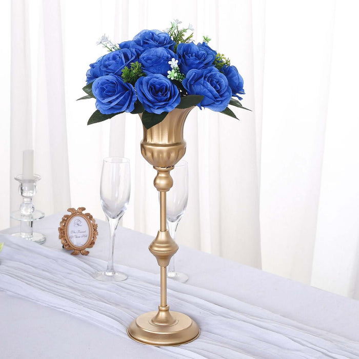 Blue rose bouquet in a gold vase, perfect for elegant decor.