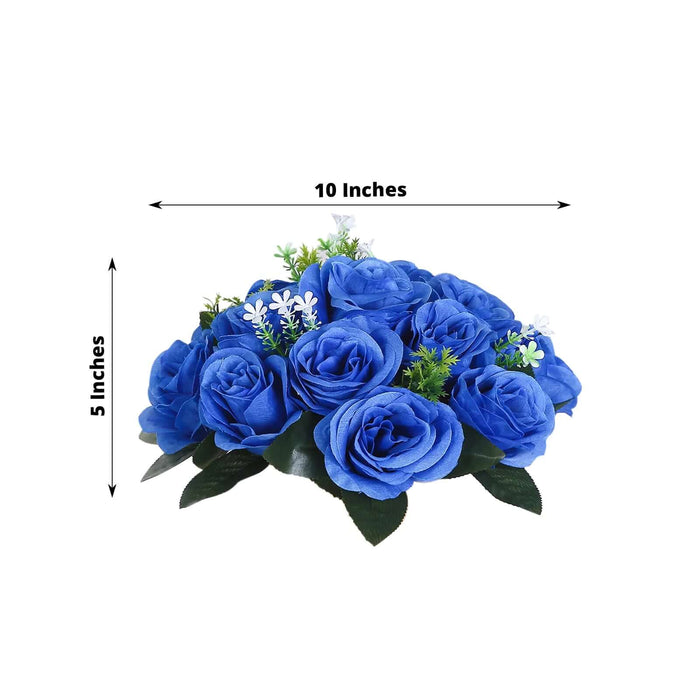 Blue artificial rose bouquet, 10 inches wide and 5 inches tall.