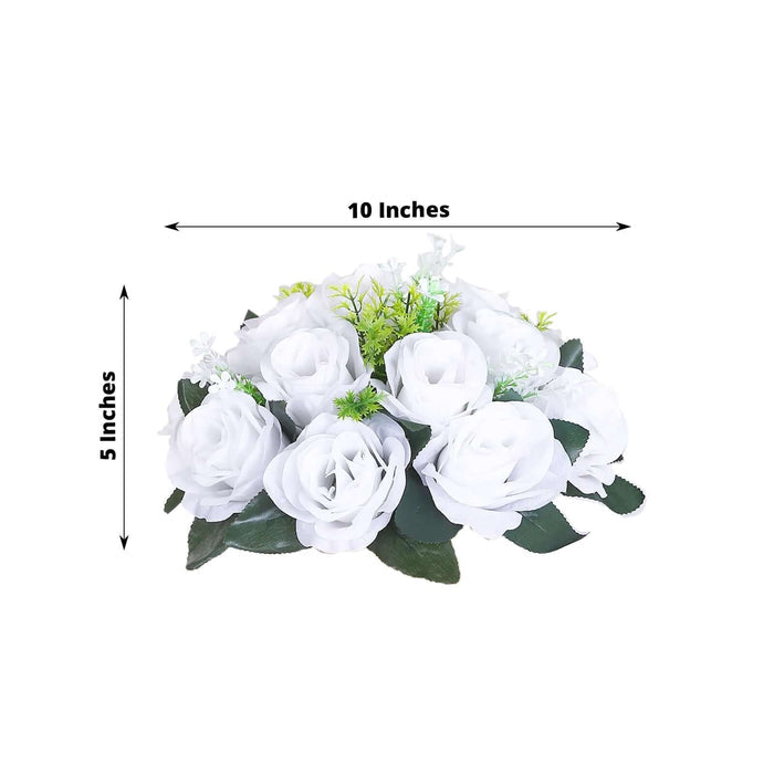 White rose floral arrangement, 10 inches wide and 5 inches tall.