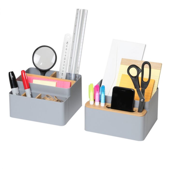 Bamboo caddy propped with office supplies
