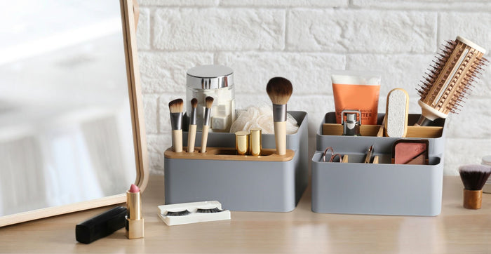 Bamboo caddy on beauty vanity