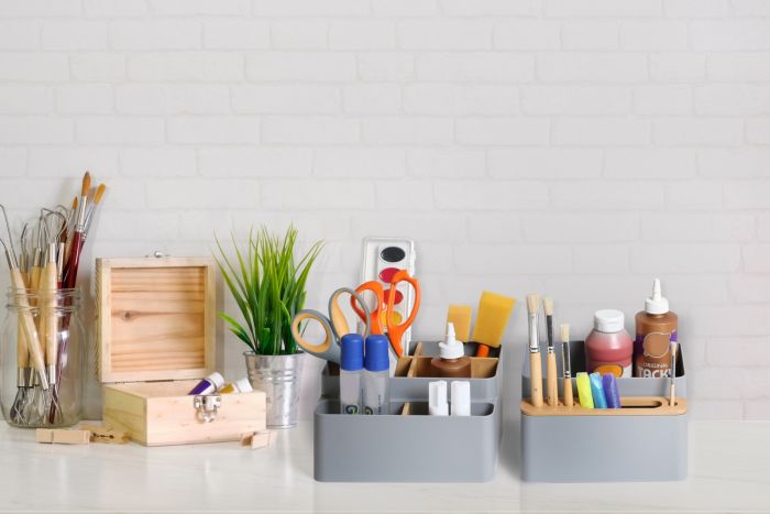 Bamboo caddy on arts and crafts table