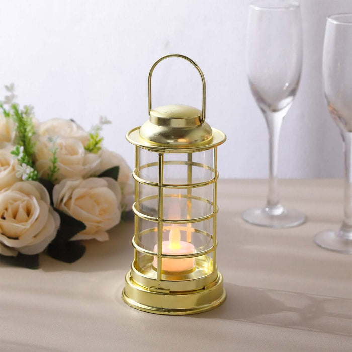 Gold lantern with candlelight, elegant decor for events or home.