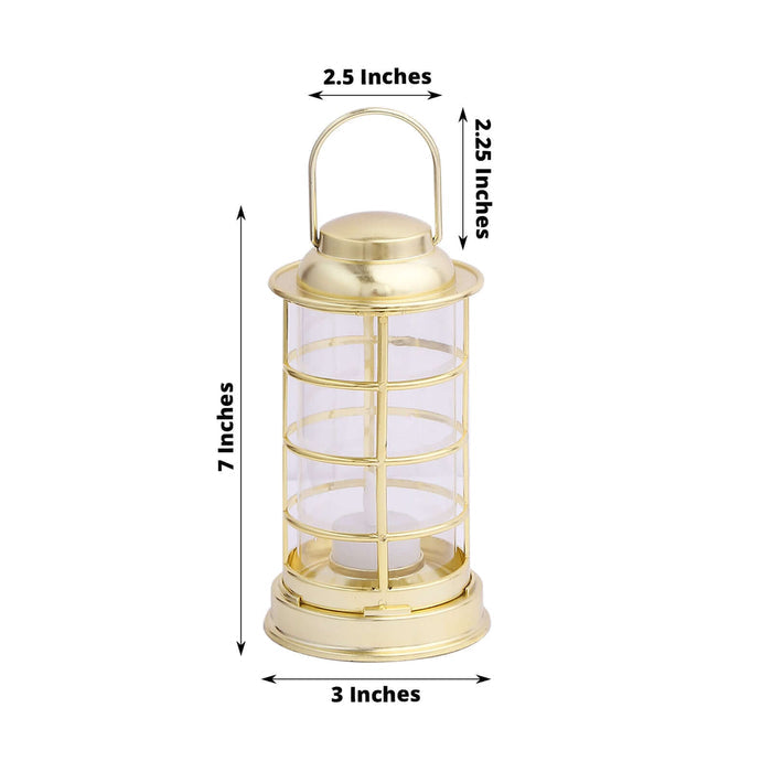 Gold lantern with glass panels, dimensions 7x2.5x3 inches.