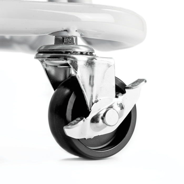 Close up of wheels on white cart