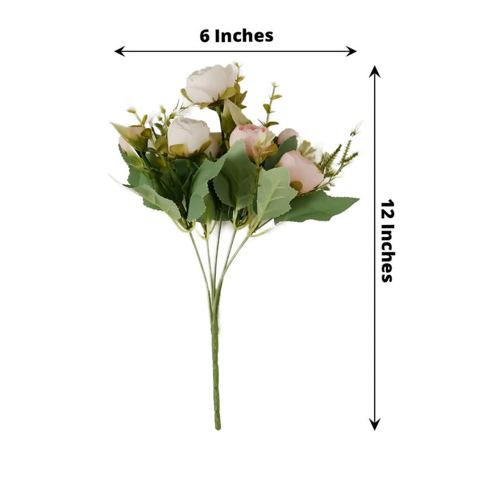 Artificial flower bouquet, 12 inches tall with mixed roses and greenery.