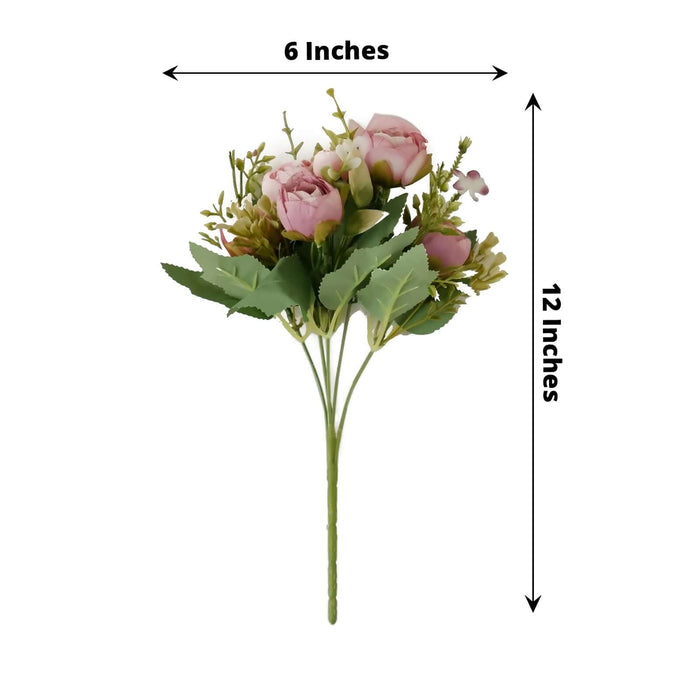 Pink artificial flower bouquet, 6x12 inches, featuring greenery.