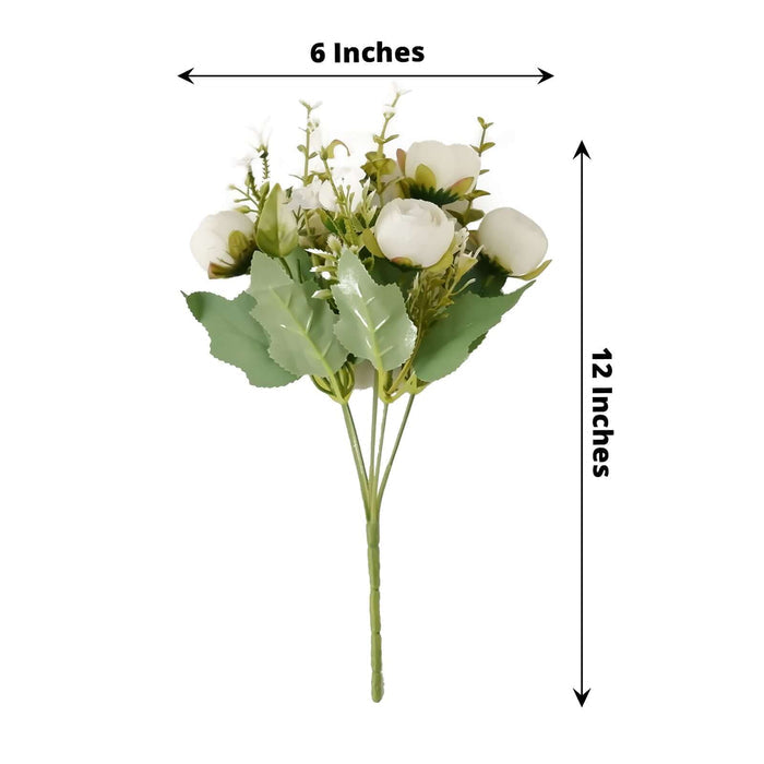Artificial flower bouquet with green leaves, 6 inches wide and 12 inches tall.