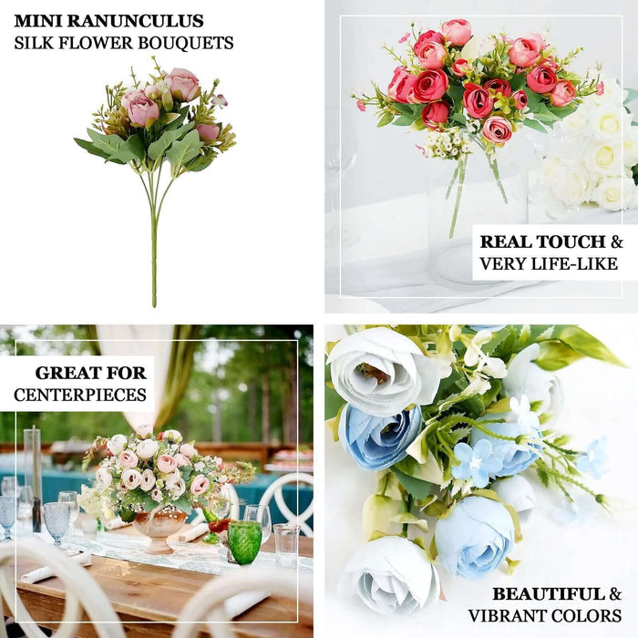 Mini ranunculus silk flower bouquets in vibrant colors for centerpieces.