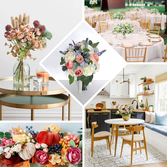 Various floral arrangements in styled settings, showcasing seasonal decor and table settings.