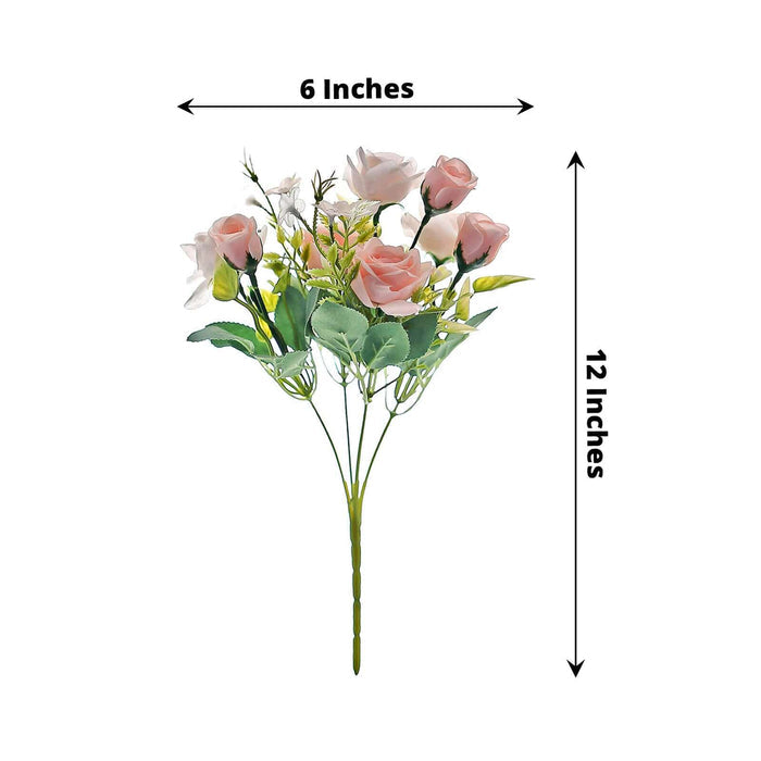 Artificial pink rose bouquet with greenery, 6x12 inches.
