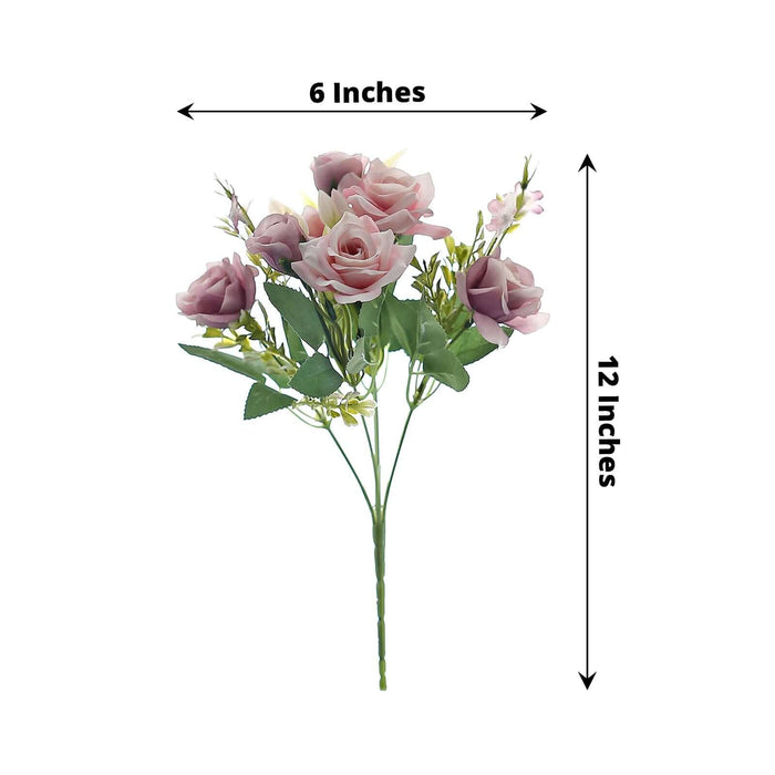 Pink artificial rose bouquet, 6 inches wide and 12 inches tall.