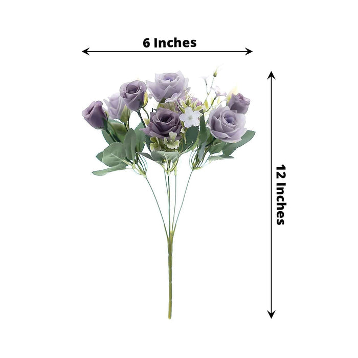 Purple artificial flower bouquet, 12 inches tall, 6 inches wide.