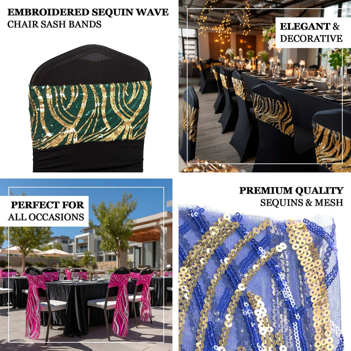 Embroidered sequin wave chair sash bands in elegant colors, perfect for all occasions.