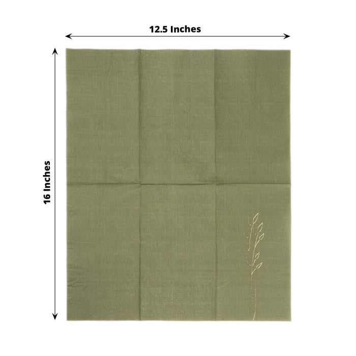 Olive green cloth napkin with embroidered leaf design, measuring 12.5 x 16 inches.