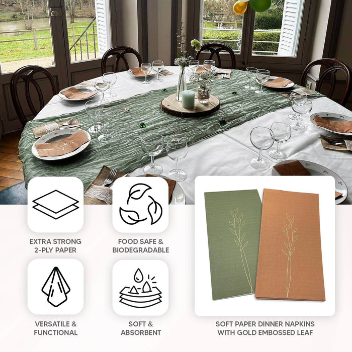 Soft paper dinner napkins with gold embossed leaf design for elegant dining.