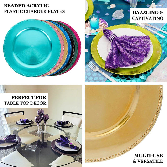 Beaded acrylic plastic charger plates in vibrant colors for table decor.