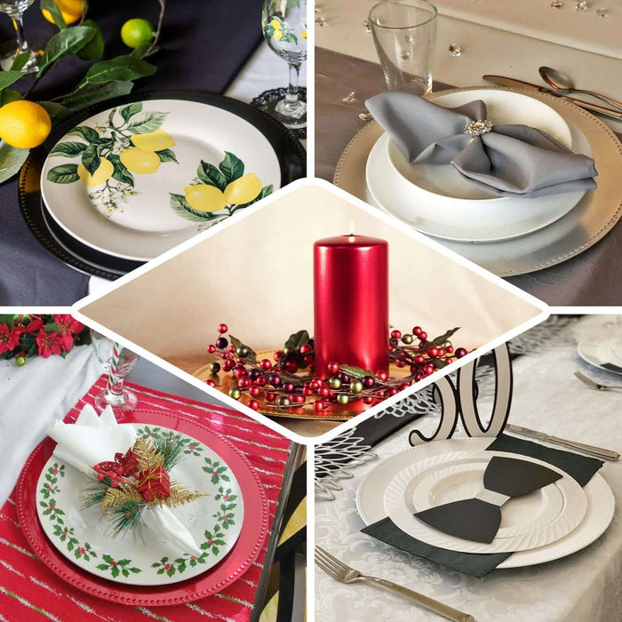 Elegant table settings featuring decorative plates and centerpieces for festive occasions.