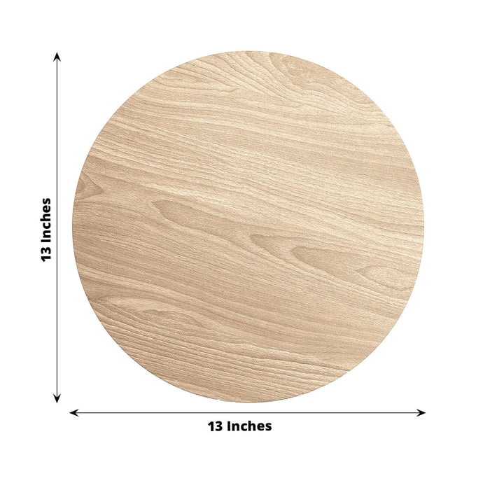 Round wooden cutting board, 13 inches diameter, natural wood grain texture.