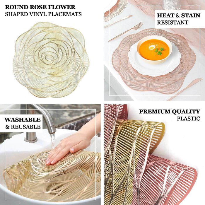Round rose flower shaped vinyl placemats in multiple colors, heat resistant and washable.