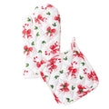 Holly Jolly Bows oven mitt set with red bows and green holly on white background