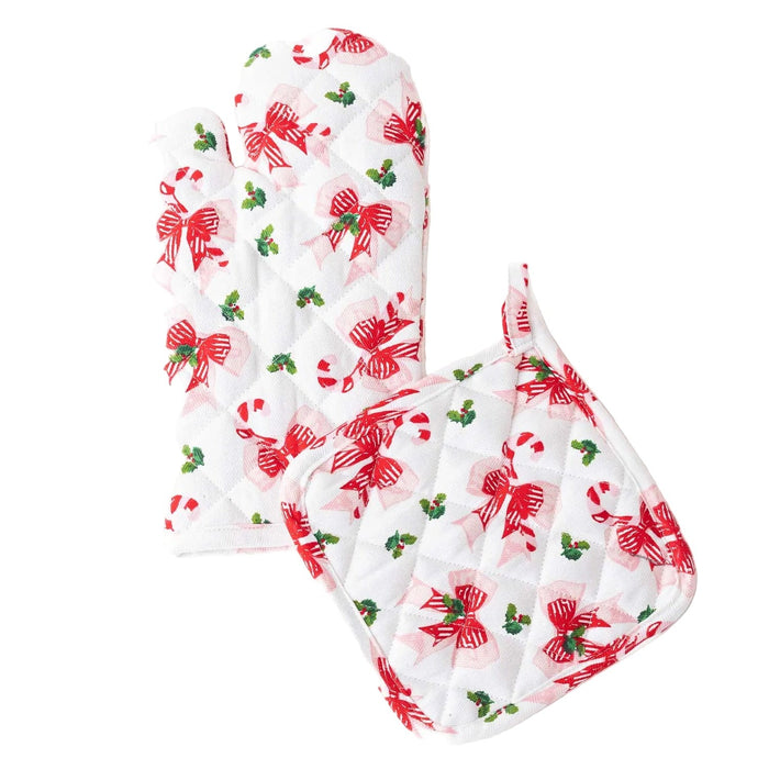 Holly Jolly Bows oven mitt set with red bows and green holly on white background