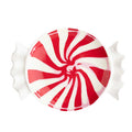 Red and white peppermint swirl dessert plate with scalloped edges on white background