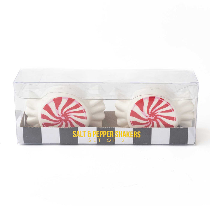 Peppermint-themed salt and pepper shakers set of 2 in clear packaging with red and white swirl design
