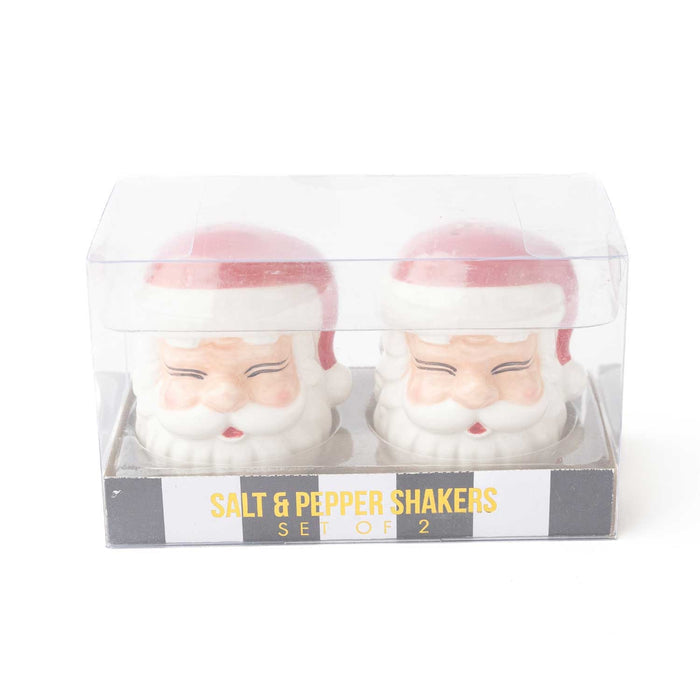 Set of two red and white Santa Claus salt and pepper shakers in clear packaging box