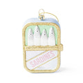 Gold glitter sardine can ornament with white ceramic sardines and pink text label