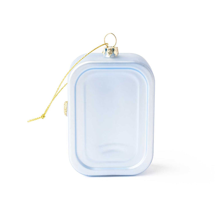 Light blue glass sardines box ornament with gold hanging chain and cap on white background