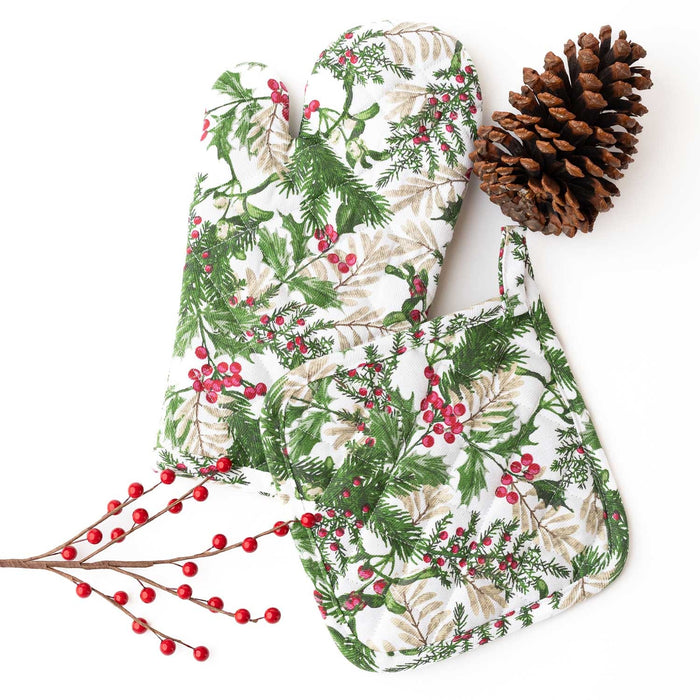 Woodland Berry Oven Mitt Set with pinecone and red berry sprigs on white background
