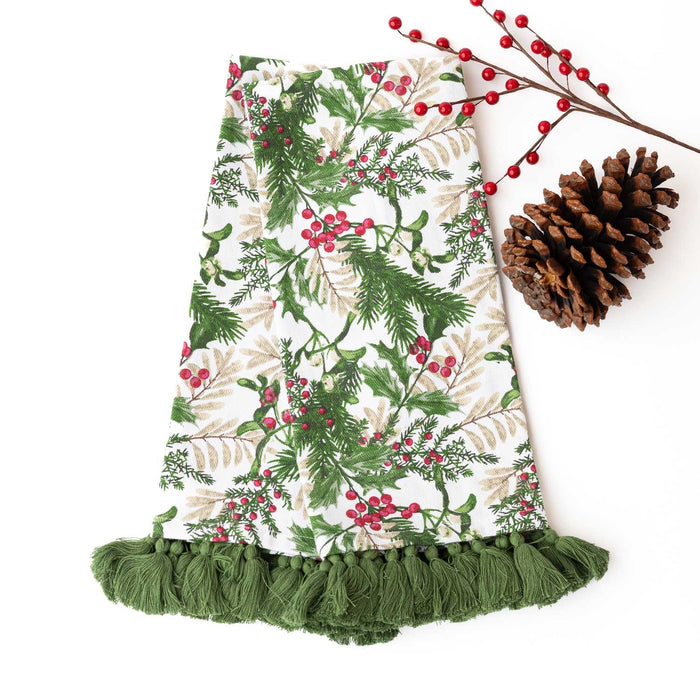 Woodland Berry Tassel Kitchen Towel with green fringe, pinecone and berries on white background