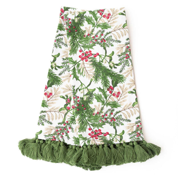 Woodland Berry Tassel Kitchen Towel Set with green foliage and red berries on white background