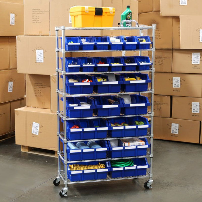 Blue Bin Rack propped in warehouse