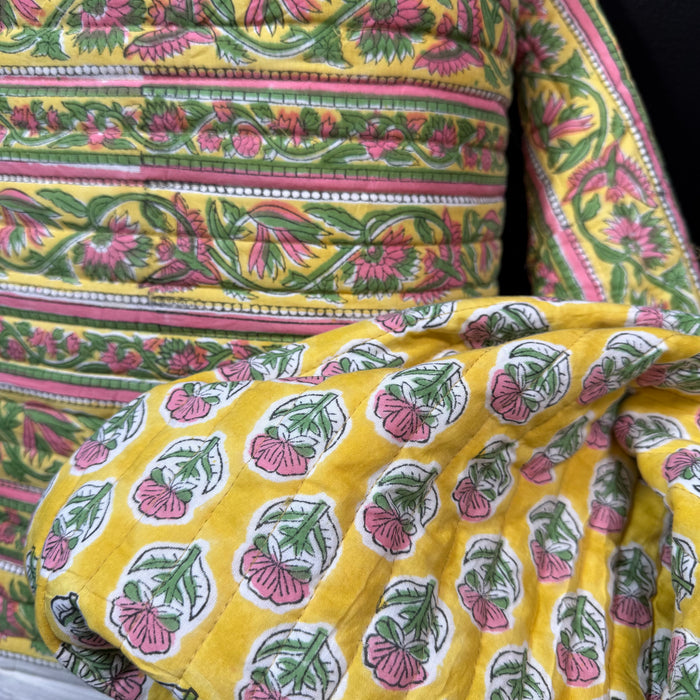 Petal Path Pink + Floral Sunshine Buti - Quilted Bagru Indian Cotton Block Print (Reversible)