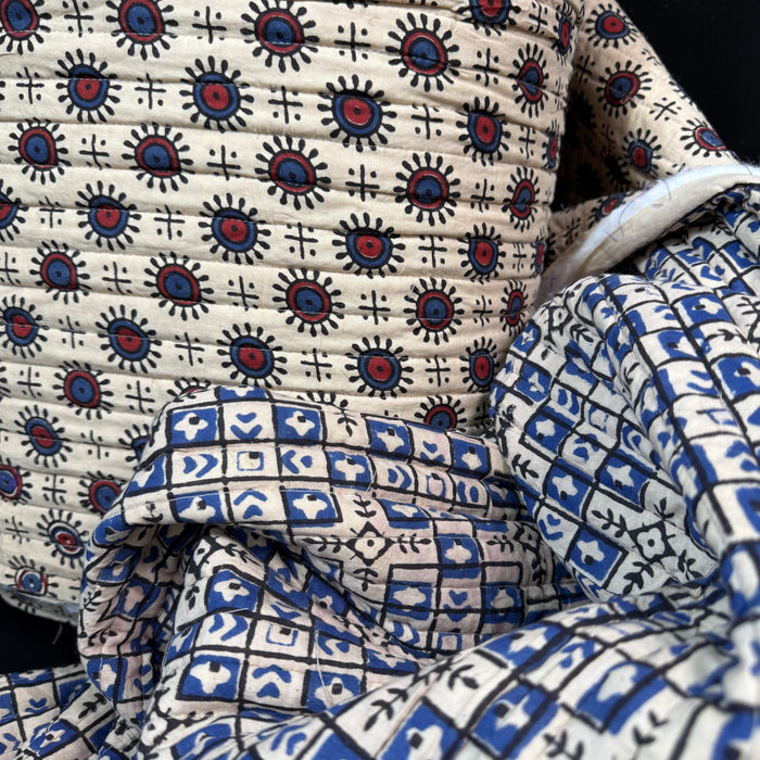 Tribal Orbit + Indigo Mosaic - Quilted Bagru Indian Cotton Block Print (Reversible)