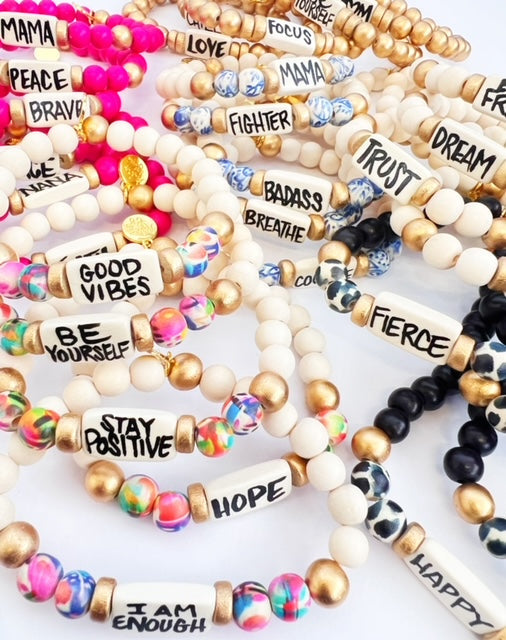 Affirmation Word Beaded Bracelet Inspirational - Blue White