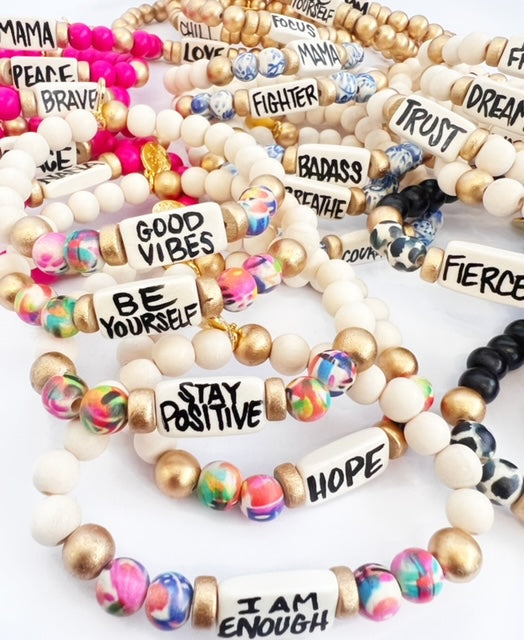 Affirmation Word Beaded Bracelet Inspirational - Blue White