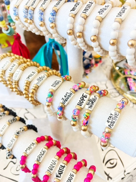 Affirmation Word Beaded Bracelet Inspirational - Blue White
