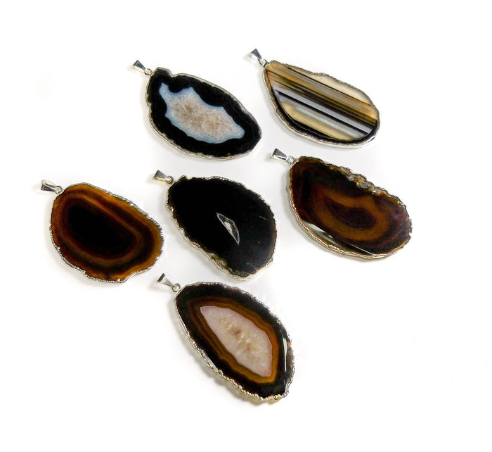 Agate Slice Pendants (Black / Brown)(Silver Edges) Wholesale