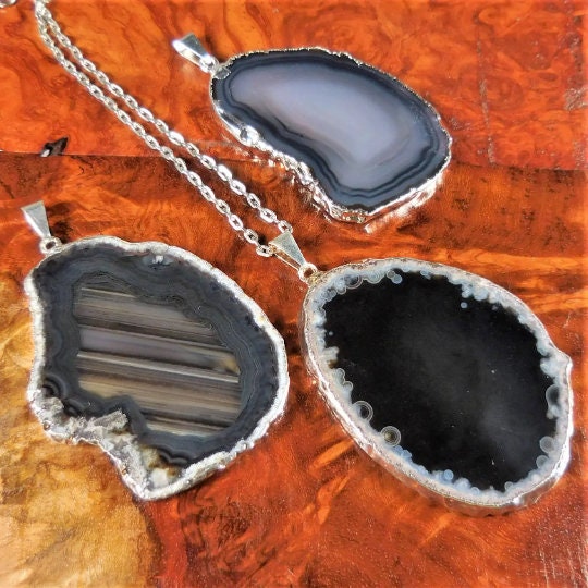 Agate Slice Pendants (Black / Brown)(Silver Edges) Wholesale