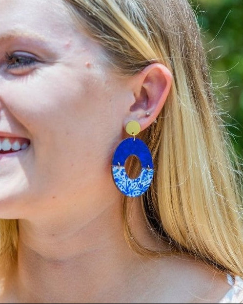 Amanda - Blue White Navy Splatter-Dangle Earring