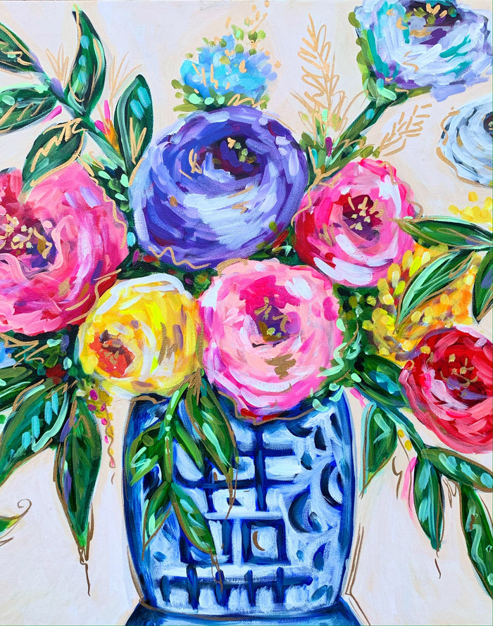 Blue White Vase Floral Art Print on Paper or Canvas - Grand Millennial Wall Art, Southern Colorful Poster