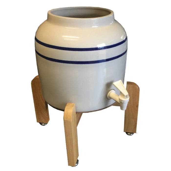 Waterworks blue, ceramic water crock with high quality wooden bench top water well stand