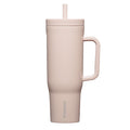 Pink insulated mug with handle and straw on a white background